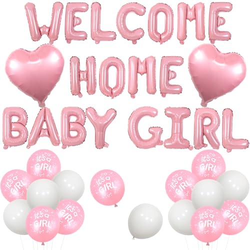 Jollyboom Welcome Home Baby Mädchen Dekorationen, Rosa Willkommen Zuhause Baby Mädchen Ballon Banner It's a Girl Luftballons Herz Folienballons für Mädchen Neugeborene Geburtstag Party Babyparty von Jollyboom