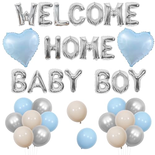 Jollyboom Willkommen Zuhause Baby Junge Dekorationen, Blau Silber Willkommen Zuhause Baby Junge Ballon Banner Baby Blau Weiß Luftballons Herz Folienballons für Jungen Neugeborene Geburtstagsfeier von Jollyboom