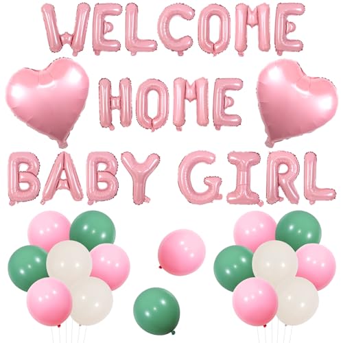 Jollyboom Willkommen Zuhause Baby Mädchen Dekorationen, Rosa Willkommen Zuhause Baby Mädchen Ballon Banner Sand Weiß Salbei Grün Luftballons Herz Folienballons für Mädchen Neugeborene Geburtstagsfeier von Jollyboom