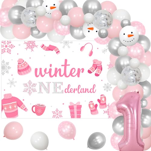 Jollyboom Winter Onederland 1. Geburtstag Mädchen Dekorationen, Winter Onederland Geburtstag Hintergrund Banner Rosa Weiß Silber Schneeflocke Ballon Bogen Girlande 1 Folienballon für Mädchen Erste von Jollyboom