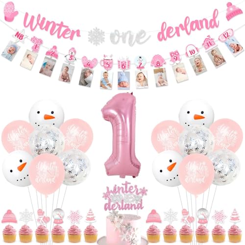 Jollyboom Winter Onederland 1. Geburtstag Mädchen Dekorationen, Winter Onederland Schneeflocke Banner Monatliches Fotobanner Kuchen Cupcake Toppers, Weiß Rosa 1 Folienballon für Mädchen Erste von Jollyboom