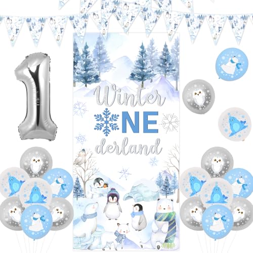 Jollyboom Winter Onederland 1st Birthday Decorations Boy, Arctic Polar Animals Birthday Backdrop Bunting Banner Door Cover Blue Silver 1 Foil Balloon for One Year Old Boys Girls First Birthday Party von Jollyboom