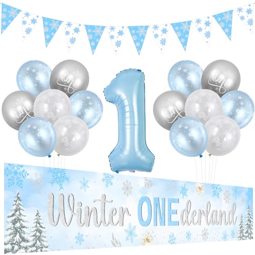 Jollyboom Winter Onederland 1st Birthday Decorations Boy, Onederland Birthday Backdrop Banner Blue White Silver Snowflake Bunting Banner Balloons 1 Foil Balloon for Boys First Birthday Party von Jollyboom