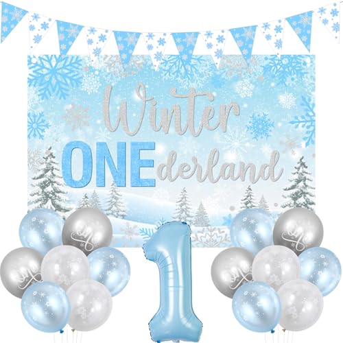 Jollyboom Winter Onederland 1st Birthday Decorations Boy, Onederland Birthday Backdrop Blue White Silver Snowflake Bunting Banner Balloons 1 Foil Balloon for One Year Old Boys First Birthday Party von Jollyboom