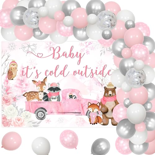 Jollyboom Winter Woodland Baby Shower Dekorationen Mädchen, Waldtier Baby It's Cold Outside Hintergrund Rosa Weiß Silber Schneeflocke Ballon Bogen Girlande für Mädchen Winter Baby Shower Geschlecht von Jollyboom