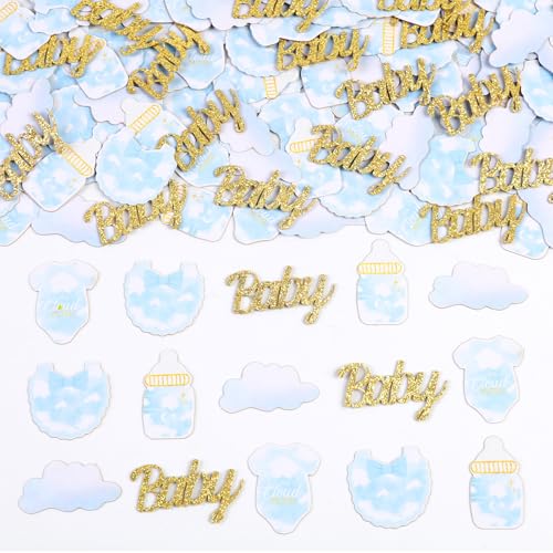 Jollyboom Wolke Babyparty Dekoration Junge, 200pcs On Cloud Nine Konfetti Blau Baby Flasche Tuch Lätzchen Tisch Konfetti Doppelseitiger Druck für Sky Cloud 9 Baby Shower Geschlecht Enthüllung Party von Jollyboom