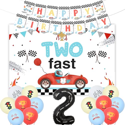 Jollyboom Zwei schnelle Geburtstagsdekorationen Jungen, Vintage Rennwagen 2 Geburtstag Dekoration Zwei Fast Backdrop Banner Retro Pastell Auto Luftballons 2 Folienballon für Jungen Rennwagen 2 Jahre von Jollyboom