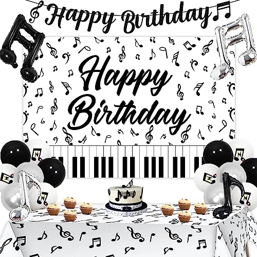 Musik Thema Geburtstag Party Dekorationen, Musik Happy Birthday Banner Hintergrund Musik Note Tischdecke Folienballon Schwarz Weiß Silber Luftballons für Kinder Erwachsene Musik Geburtstag von Jollyboom