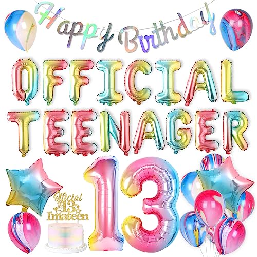 Regenbogen 13 Geburtstag Dekorationen für Mädchen Offizielle Teenager Geburtstag Party Dekoration Supplies - Schillerndes Happy Birthday Banner Pastell Nummer 13 Folienballon Offizieller Teenager Cake von Jollyboom