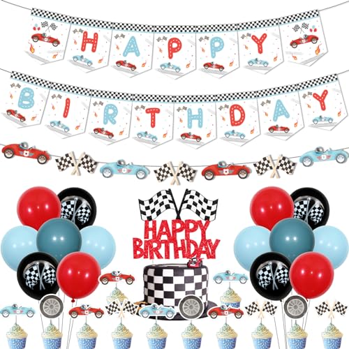 Vintage Rennwagen Geburtstag Dekorationen, Retro Blau Rennwagen Happy Birthday Banner Girlande Rot Blau Schwarz Ballon Rennwagen Kuchen Cupcake Topper für Jungen Rennwagen Thema Geburtstagsfeier von Jollyboom