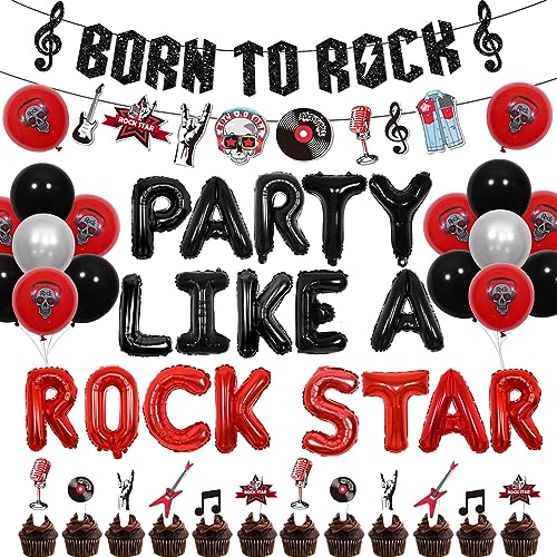 Rock and Roll Geburtstagsdekorationen, Born To Rock Music Note Banner mit Party Like A Rock Star Folienballon Schwarz Rot Rock Cupcake Topper für Kinder Erwachsene Musik Themed Geburtstagsfeier von Jollyboom