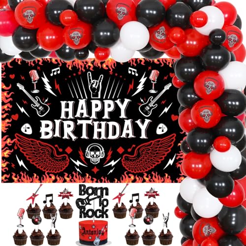 Rock and Roll Geburtstagsdekorationen, Musik Happy Birthday Hintergrund Rot Schwarz und Weiß Luftballons Arch Born to Rock Cake Cupcake Topper für Rock Mottoparty von Jollyboom