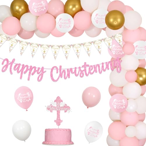 Taufe Dekorationen für Mädchen rosa, auf Ihre Taufe Tag Wimpel Banner, rosa weiß Gold Ballon Bogen mit glücklichen Taufe Banner Kuchen Topper für Taufe Partei Erstkommunion Baby-Dusche von Jollyboom