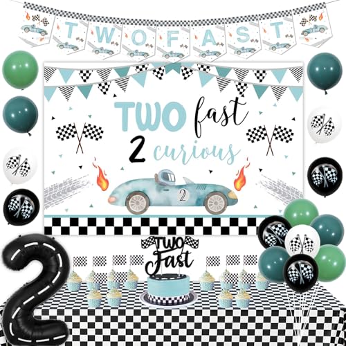 Zwei schnelle Geburtstagsdekorationen Junge Vintage, Rennwagen 2. Geburtstag Luftballons Zwei Fast Backdrop Kuchen Cupcake Topper Karierte Tischdecken Rennwagen Nummer 2 Folienballon für 2 Jahre Alt von Jollyboom