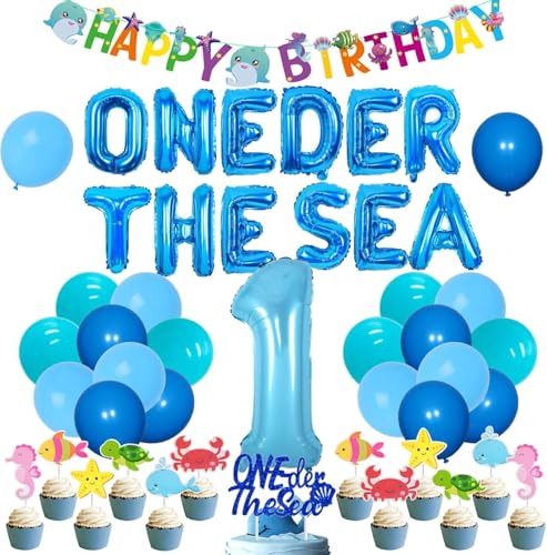 Under The Sea 1st Birthday Party Decorations, Ocean Theme Oneder The Sea Number 1 Foil Balloons Crab Shark Octopus Seepferdchen Ocean Cake Cupcake Topper for Boys Girls First Birthday Party von Jollyboom