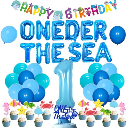 Under The Sea 1st Birthday Party Decorations, Ocean Theme Balloons Oneder The Sea Crab Shark Octopus Seepferdchen Ocean Cake Cupcake Topper für Jungen Mädchen Erster Geburtstag von Jollyboom