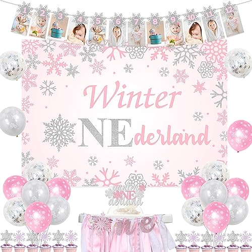 Winter 1. Geburtstag Dekorationen Mädchen, Rosa Silber Luftballons Onederland Hintergrund Schneeflocke 12 Monate Foto Banner Kuchen Cupcake Topper Ein Hochstuhl Banner für Mädchen 1 Jahr Alt von Jollyboom