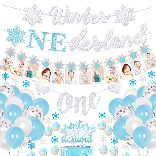 Winter Onederland 1st Birthday Decorations Boy Blue and Sliver Snowflake 1st Birthday Party Supplies with Snowflake Photo Banner Winter Onederland Banner Cake Topper Highchair Banner for Winter Party von Jollyboom