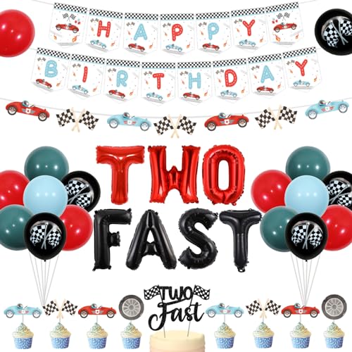 Zwei schnelle Geburtstagsdekorationen Jungen Vintage, Rennwagen 2. Geburtstag Party Dekoration Happy Birthday Banner Girlande Kuchen Cupcake Topper Blau Rot Ballon Zahl 2 Folienballon für 2 Jahre Alt von Jollyboom