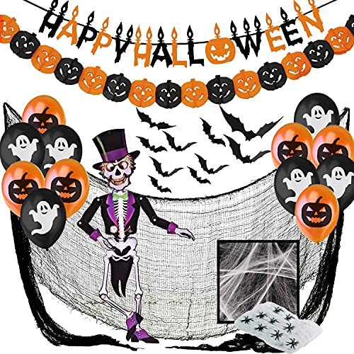 Jonami Halloween Deko XXL Set - Dekoration und Accessoires für Grusel Party und Garten - Girlande, Fledermäuse 3D, Kürbisse Wimpelkette, Luftballons, Spinnennetz, Spinne, Skelett, Dekostoff Tuch von Jonami