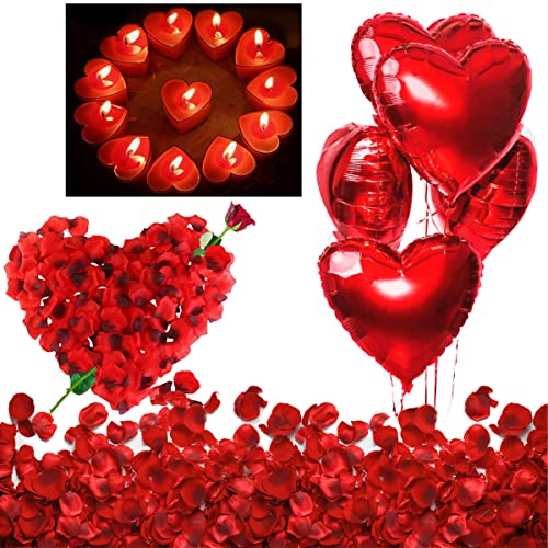 Valentinstag Deko Set XXL Dekoration Romantische Kerzen Rote Teelichter und Rosenblätter Romantisch, 50 Teelichter Herzform, 1000 Seide Rosenblüten, 5 Rote Herzförmige Folienballons von Jonami