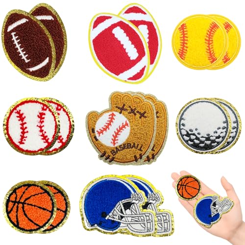 Jongdari 16 x Sport-Chenille-Patches zum Aufbügeln für Hüte, Rucksäcke, Kleidung, Baseball, Fußball, Softball, Basketball, Fußball, Wärmepresse mit goldenen Kanten von Jongdari