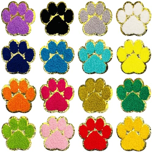 Jongdari Chenille-Pfotenabdruck-Aufnäher zum Aufbügeln, niedlicher Glitzer, für Hunde, Katzen, Welpen, Haustiere, Bären, Fußabdrücke für selbstgemachte Hüte, Taschen, Jacken, Kleidung (mehrfarbig, 16 von Jongdari