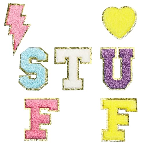 Jongdari Selbstklebende Chenille-Buchstaben-Aufnäher, 5,6 cm, Varsity Fuzzy Glitter Buchstaben-Flicken zum Aufkleben für Rucksäcke, Taschen, Stoff, Kleidung, Hüte (2 zufällige Flicken) von Jongdari