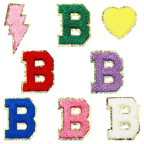 Jongdari Selbstklebende Chenille-Buchstaben-Aufnäher, 6 Stück, 5,6 cm, Varsity Fuzzy Glitter Buchstaben Patches zum Aufkleben für Rucksäcke, Taschen, Stoff, Kleidung, Hüte (6 B & 2 zufällige Aufnäher) von Jongdari