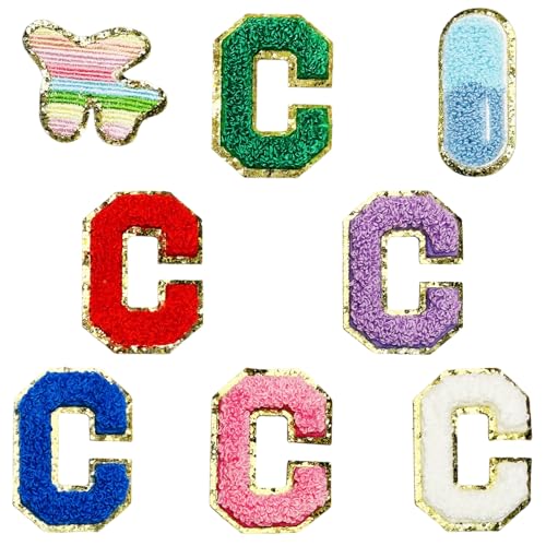 Jongdari Selbstklebende Chenille-Buchstaben-Aufnäher, 6 Stück, 5,6 cm, Varsity Fuzzy Glitter Buchstaben Patches zum Aufkleben für Rucksäcke, Taschen, Stoff, Kleidung, Hüte (6 C und 2 zufällige von Jongdari