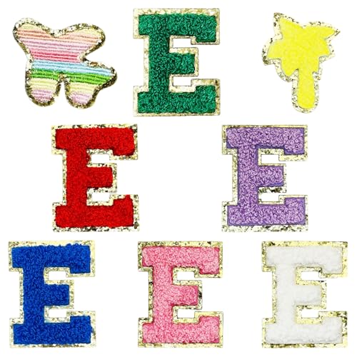 Jongdari Selbstklebende Chenille-Buchstaben-Aufnäher, 6 Stück, 5,6 cm, Varsity Fuzzy Glitter Buchstaben Patches zum Aufkleben für Rucksäcke, Taschen, Stoff, Kleidung, Hüte (6 E und 2 zufällige von Jongdari