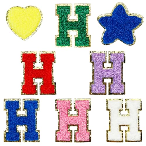 Jongdari Selbstklebende Chenille-Buchstaben-Aufnäher, 6 Stück, 5,6 cm, Varsity Fuzzy Glitter Buchstaben Patches zum Aufkleben für Rucksäcke, Taschen, Stoff, Kleidung, Hüte (6 H & 2 zufällige Flicken) von Jongdari