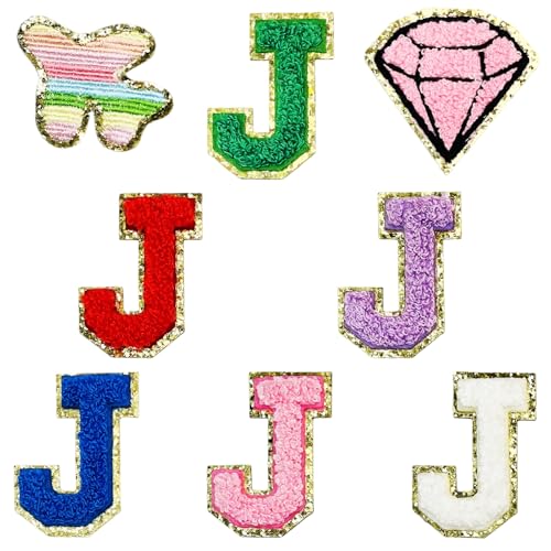 Jongdari Selbstklebende Chenille-Buchstaben-Aufnäher, 6 Stück, 5,6 cm, Varsity Fuzzy Glitter Buchstaben Patches zum Aufkleben für Rucksäcke, Taschen, Stoff, Kleidung, Hüte (6 J und 2 zufällige von Jongdari