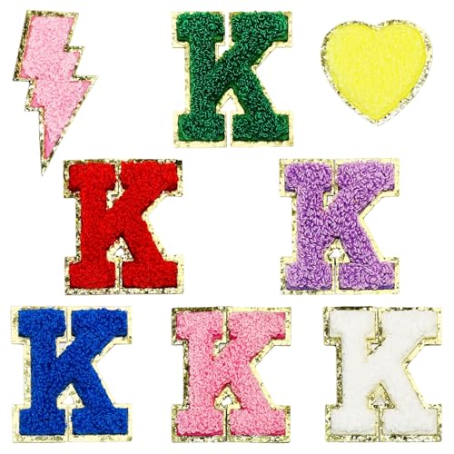 Jongdari Selbstklebende Chenille-Buchstaben-Aufnäher, 6 Stück, 5,6 cm, Varsity Fuzzy Glitter Buchstaben Patches zum Aufkleben für Rucksäcke, Taschen, Stoff, Kleidung, Hüte (6 K & 2 zufällige Aufnäher) von Jongdari