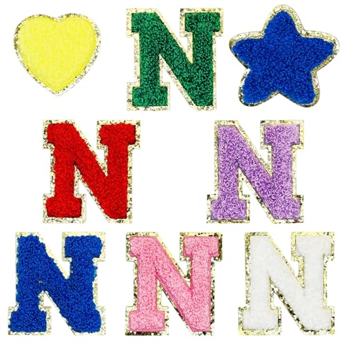 Jongdari Selbstklebende Chenille-Buchstaben-Aufnäher, 6 Stück, 5,6 cm, Varsity Fuzzy Glitter Buchstaben Patches zum Aufkleben für Rucksäcke, Taschen, Stoff, Kleidung, Hüte (6 N & 2 zufällige Aufnäher) von Jongdari