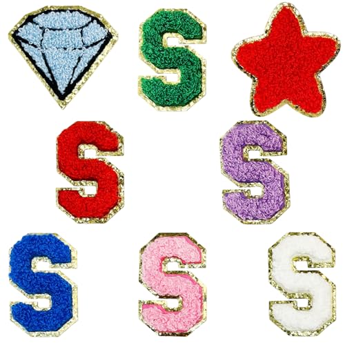 Jongdari Selbstklebende Chenille-Buchstaben-Aufnäher, 6 Stück, 5,6 cm, Varsity Fuzzy Glitter Buchstaben Patches zum Aufkleben für Rucksäcke, Taschen, Stoff, Kleidung, Hüte (6 S & 2 zufällige Aufnäher) von Jongdari