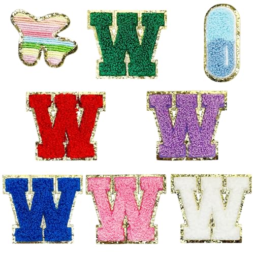 Jongdari Selbstklebende Chenille-Buchstaben-Aufnäher, 6 Stück, 5,6 cm, Varsity Fuzzy Glitter Buchstaben Patches zum Aufkleben für Rucksäcke, Taschen, Stoff, Kleidung, Hüte (6 W & 2 zufällige Aufnäher) von Jongdari