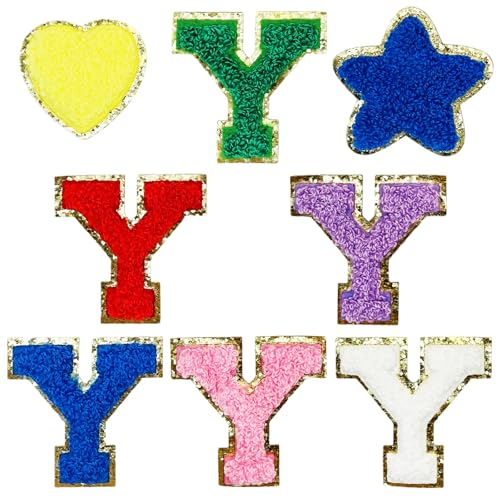 Jongdari Selbstklebende Chenille-Buchstaben-Aufnäher, 6 Stück, 5,6 cm, Varsity Fuzzy Glitter Buchstaben Patches zum Aufkleben für Rucksäcke, Taschen, Stoff, Kleidung, Hüte (6 Y und 2 zufällige von Jongdari