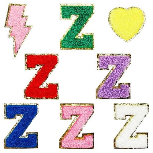 Jongdari Selbstklebende Chenille-Buchstaben-Aufnäher, 6 Stück, 5,6 cm, Varsity Fuzzy Glitter Buchstaben Patches zum Aufkleben für Rucksäcke, Taschen, Stoff, Kleidung, Hüte (6 Z & 2 zufällige Aufnäher) von Jongdari