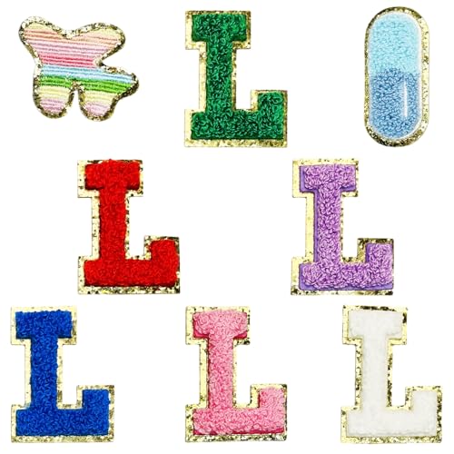 Jongdari Selbstklebende Chenille-Buchstaben-Aufnäher, 6 Stück, 5,6 cm, Varsity Fuzzy Glitter Buchstaben Patches zum Aufkleben für Rucksäcke, Taschen, Stoff, Kleidung, Hüte (6 l und 2 zufällige von Jongdari