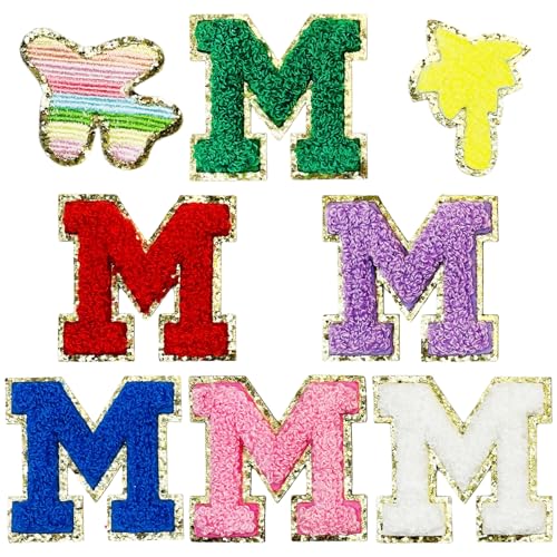 Jongdari Selbstklebende Chenille-Buchstaben-Aufnäher, 6 Stück, 5,6 cm, Varsity Fuzzy Glitter Buchstaben Patches zum Aufkleben für Rucksäcke, Taschen, Stoff, Kleidung, Hüte (6 m und 2 zufällige von Jongdari