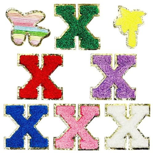 Jongdari Selbstklebende Chenille-Buchstaben-Aufnäher, 6 Stück, 5,6 cm, Varsity Fuzzy Glitter Buchstaben Patches zum Aufkleben für Rucksäcke, Taschen, Stoff, Kleidung, Hüte (6 x & 2 zufällige Flicken) von Jongdari