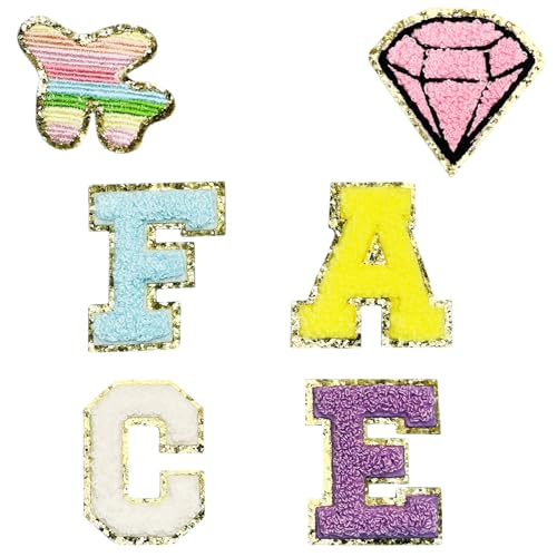 Jongdari Selbstklebende Chenille-Patches, 5,6 cm, Varsity Fuzzy Glitter Letter Patches zum Aufkleben für Rucksäcke, Taschen, Stoff, Kleidung, Hüte (Gesicht und 2 zufällige Aufnäher) von Jongdari