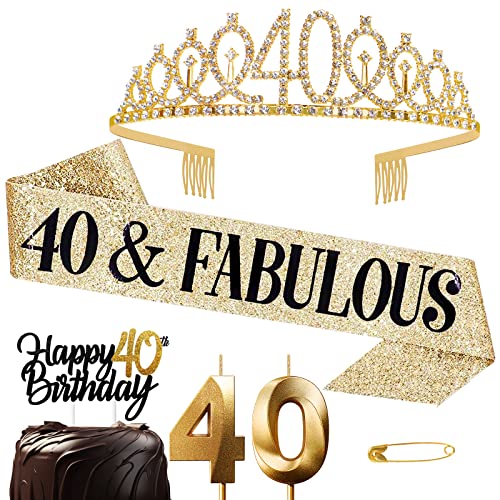 Jonvell 40.Geburtstag Schärpe und Tiara für Frauen Gold Geburtstag Schärpe und Krone Geburtstag Kerzen Kuchen Topper 40.Geburtstag Frauen Geschenke für 40.Geburtstagsparty Deko von Jonvell