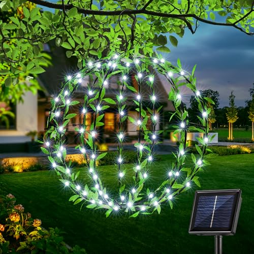 Joomer 120 LED Solar Kugel Außen 30cm Hängende Leuchtkugel Grünem Blatt Faltbar Metall Lichtkugel Solar Gartenleuchten Outdoor 8 Modi Baum Lichterkette Aussen Timer für Balkon Party Haus(1 Stück,Weiß) von Joomer