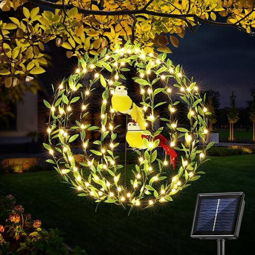 Joomer 120 LED Solar Kugel Außen 30cm Hängende Leuchtkugel Grünem Blatt und Vogel Metall Lichtkugel Solar Gartenleuchten Outdoor 8 Modi Baum Lichterkette Timer für Balkon Party Haus(1 Stück,Warmweiß) von Joomer