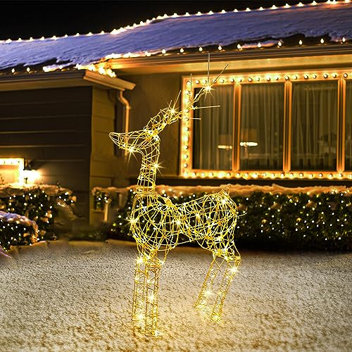 Joomer 240er LED Rentier Beleuchtet Aussen, 85cm Rentier Figuren Weihnachtsdeko Strombetrieben Timer, 8 Modi Warmweiß Metall Weihnachtsbeleuchtung für Außen und Innen Rasen Wohnzimmer Party Dekoration von Joomer