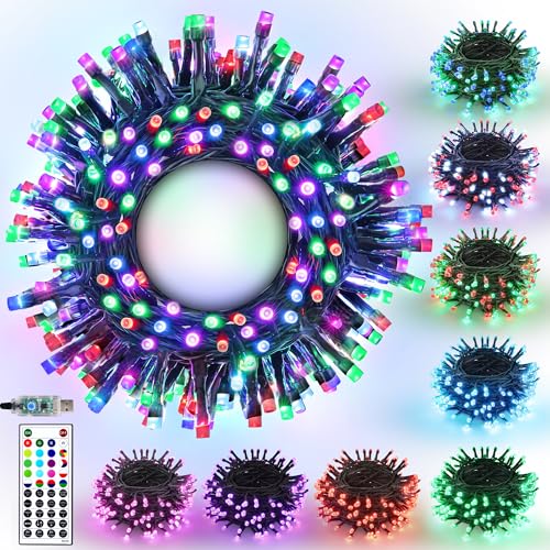 Joomer Bunt Lichterkette Außen, 10M 100 LED Lichterkette Weihnachtsbaum USB-betrieben mit Timer & Fernbedienung Dimmbar, RGB Weihnachtsbeleuchtung Außen für Weihnachtsdeko Innen Hochzeit Party von Joomer