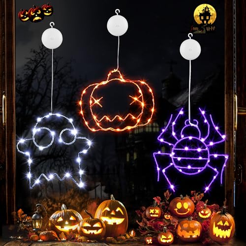 Joomer Halloween Fensterdeko, 3 Stück Halloween Outdoor Fensterlichter Orange Kürbisse Lila Spinne Weiß Geister 8 Modi Timer Batteriebetriebene Halloween Lichterkette für Innen Tür Haus Balkon Party von Joomer