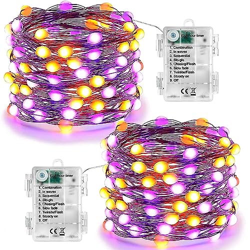 Joomer Halloween Lichterkette Outdoor Deko, 2 Stück 50 LED Orange Lila Lichterkette Batteriebetrieben 8 Modi Wasserdicht Micro Silberdraht Halloween Dekoration für Außen Innen Garten Party Fenster von Joomer